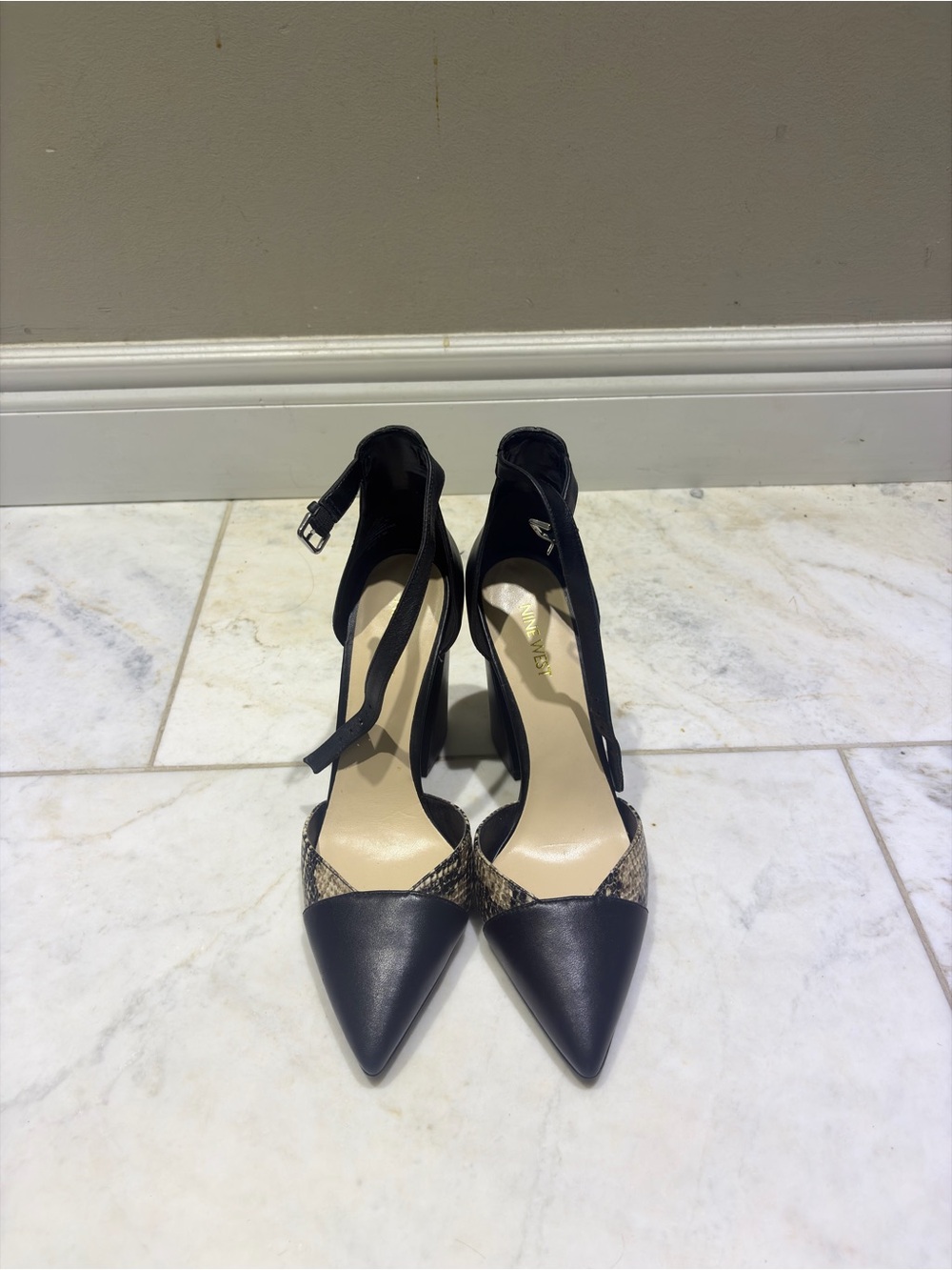 Nine West Black Pointed-Toe Ankle-Strap Pumps with Snake-Print Trim
